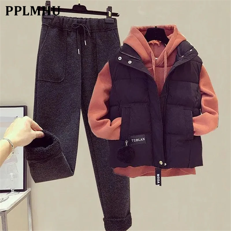 Fall Winter Korean Loose 3 Piece Set Women Casual Thick Warm Sleeveless Vest Jacket + Pullover Hoodies + Ankle Length Pants Suit