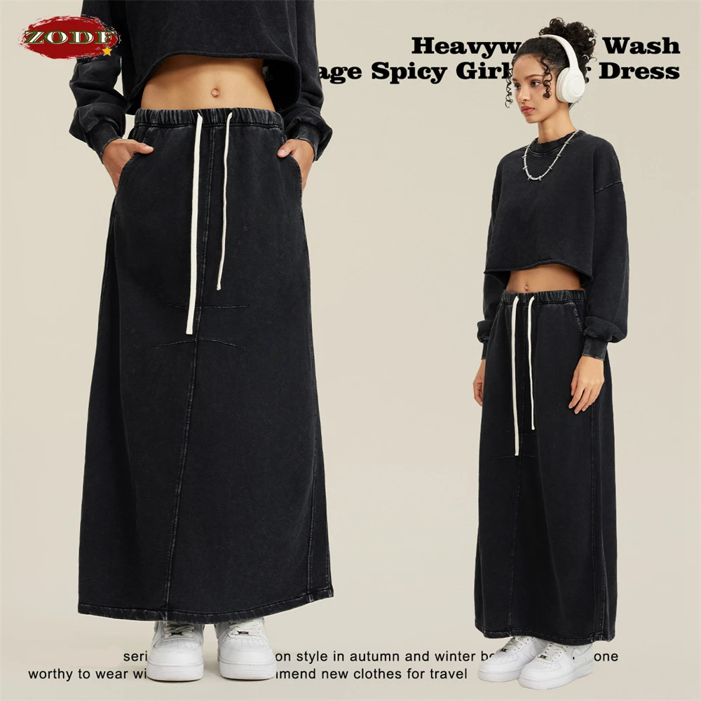 ZODF Women 2023 Autumn Washed Cotton Long Skirt American Retro Female Heavy Weight 380gsm Loose Slit Skirts Streetwears HY0644