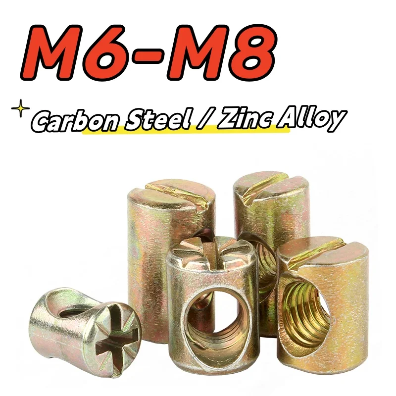 10pcs M6 M8 Barrel Bolts Cross Dowel Slotted Furniture Nut Barrel Bolts Cross Dowel Slotted Fittings Hammer Embedded Nut