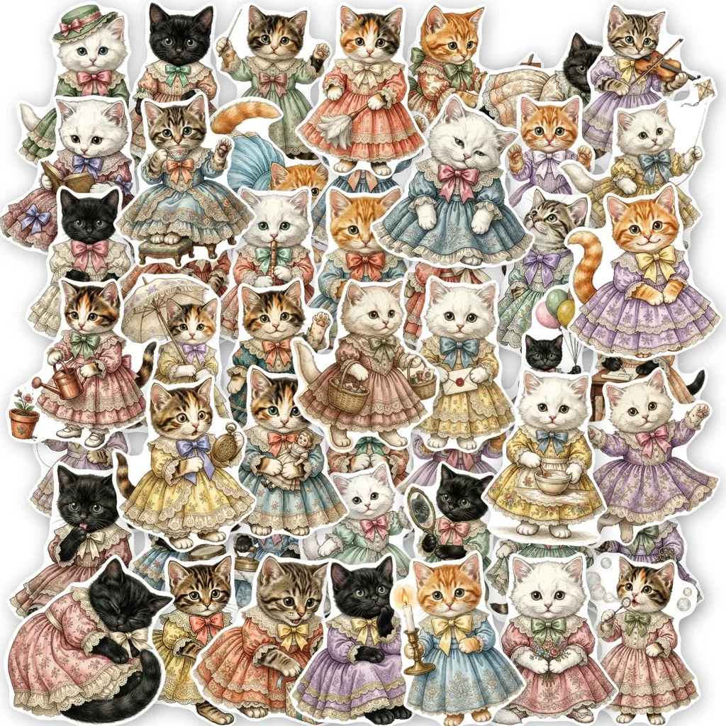 50Pcs Retro European Court Cat Stickers, Hand‑painted Watercolor Kitten in Lolita Dress Decals for Journal Collage & DIY