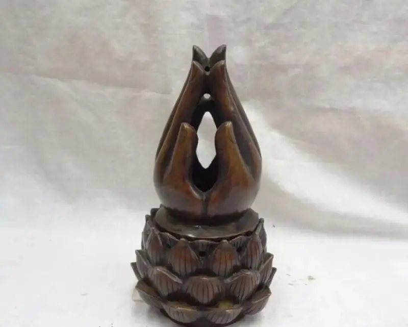 

Tibet Bronze Buddhist Lotus Pray Buddha Hand Statue Box Incense Burner Censer