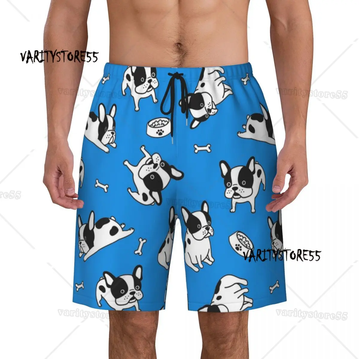 Funny French Bulldog Food Print Men Swim Trunks Quick Dry Swimwear Beach Board Shorts Pet Dog Boardshorts