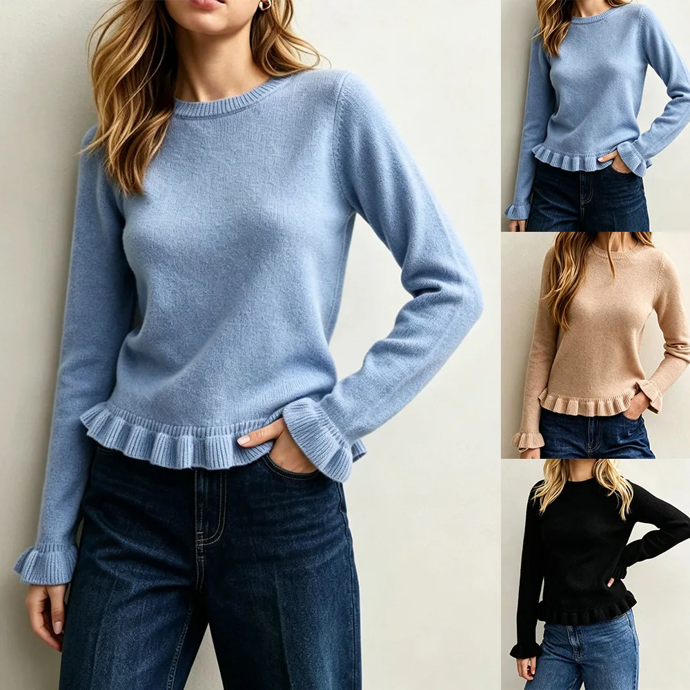 2026 Autumn New Women's Solid Color Knit Sweater Long Sleeve Crew Neck Ruffle Hem Casual Pullover Top