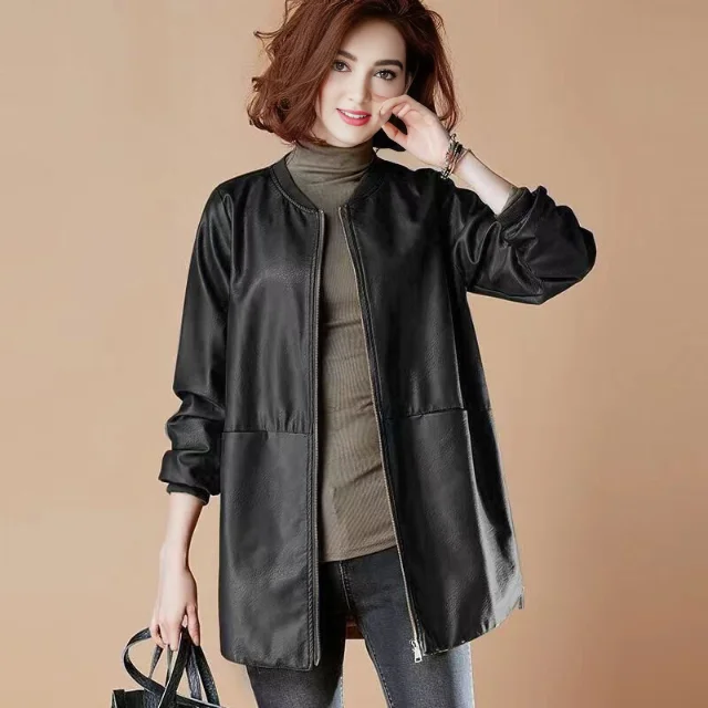 

Black Leather Jacket Women's Spring Autumn Long Fashion Loose Style Zipper Closure Suit Collar Water Washed Leather Coat