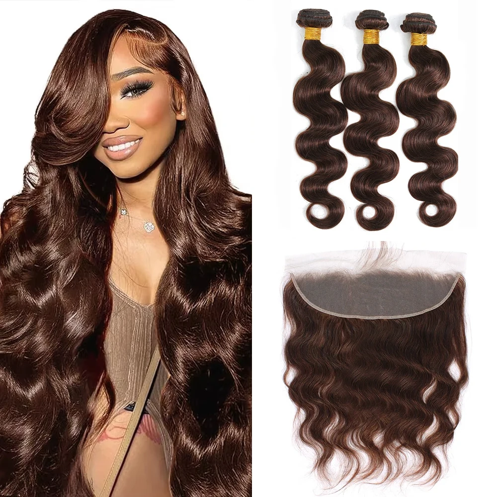 

Коричневые пучки человеческих волос с фронтальной частью 100% человеческих волос Объемная волна Пучок с кружевным фронтом 13x4 Пучок наращивания волос с застежкой