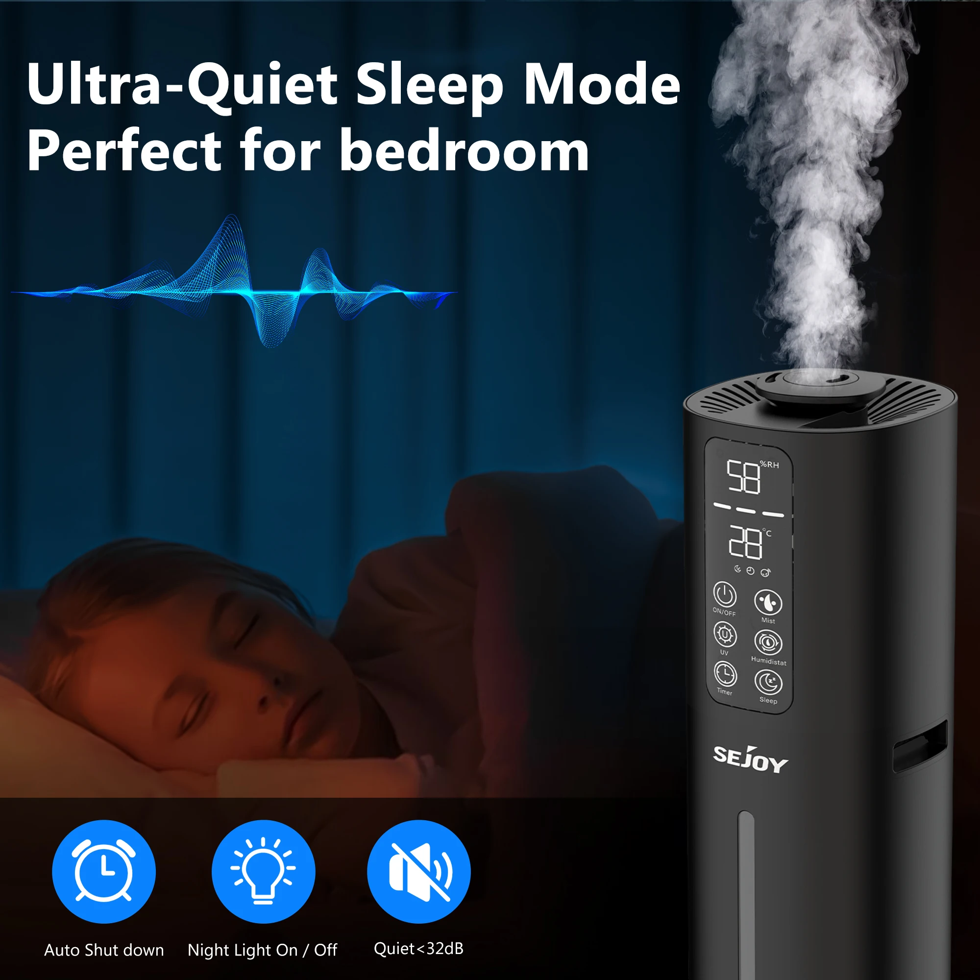 Sejoy-Humidificateur d'air à brume fraîche avec télécommande, buse à 2.11 °, 8l, 360 gallons, remplissage supérieur, grande pièce, chambre à coucher, bureau de bébé