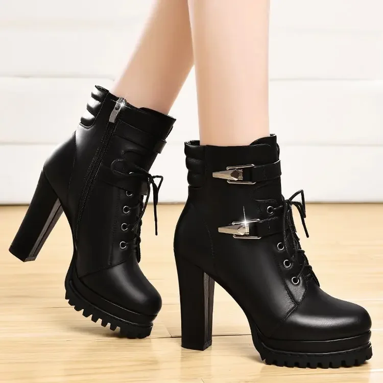 

Hot Selling Women's Thick Heeled Short Boots 2025 New British Style High-heeled Women's Shoes with Velvet Lace Up Women's Boots