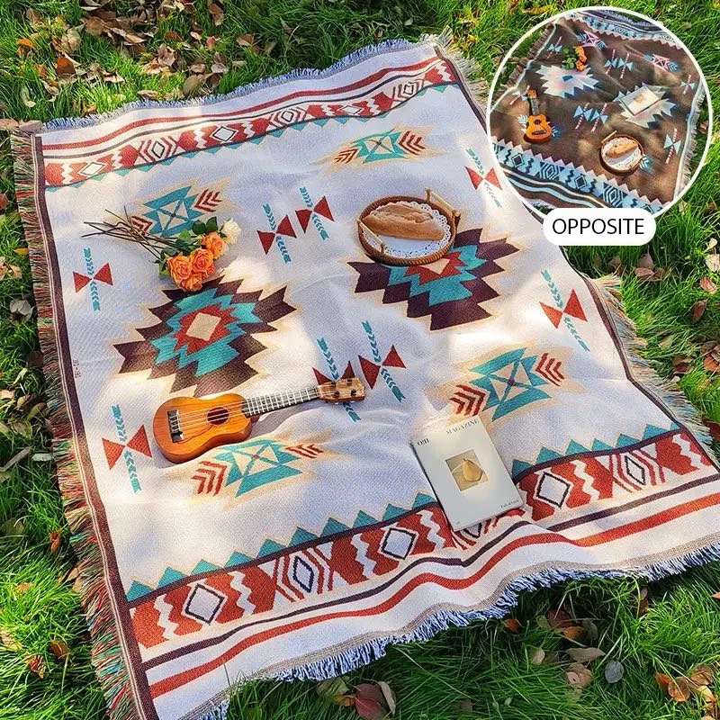 

Outdoor camping carpet, Bohemian style picnic mat, travel blanket, home sofa mat, linen with tassels