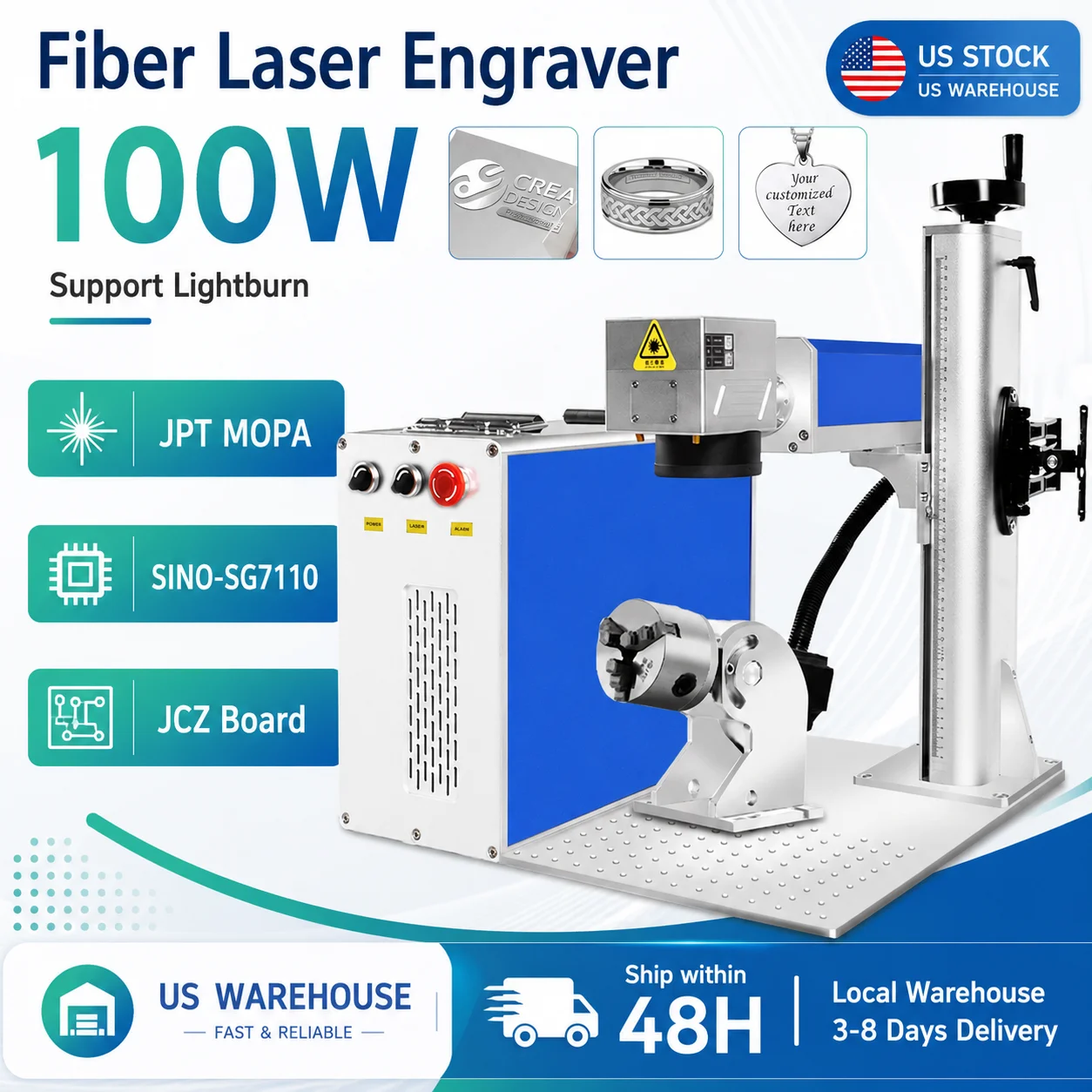 US STOCK 100W JPT MOPA Engraver 60W MOPA Fiber Laser Marking Machine JPT M7 MOPA Laser For Metal Gold Silver Engraving Cutting with Rotary Axis 175MM+300MM Lens