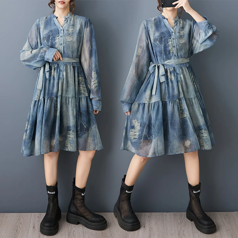 

Spring Summer New Loose Large Size Retro Fashion Print Pleated Splice V-neck Anti-aging Double Layer Dress Women's Skirt