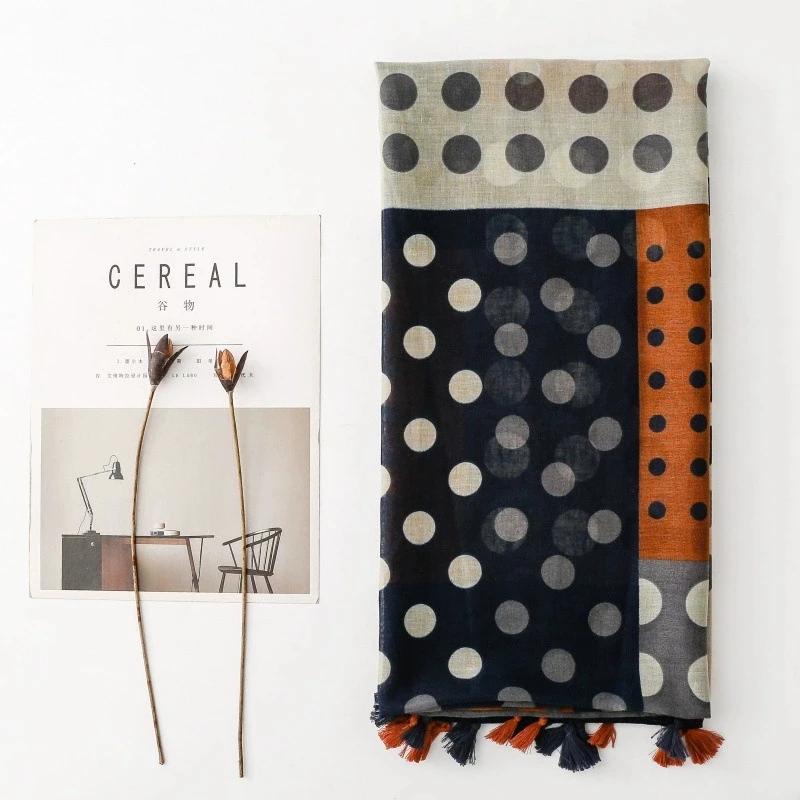 Retro Polka-dot Patchwork Color-block Scarf and Shawl Versatile Retro Warm Cotton-linen Feel Scarves for Women