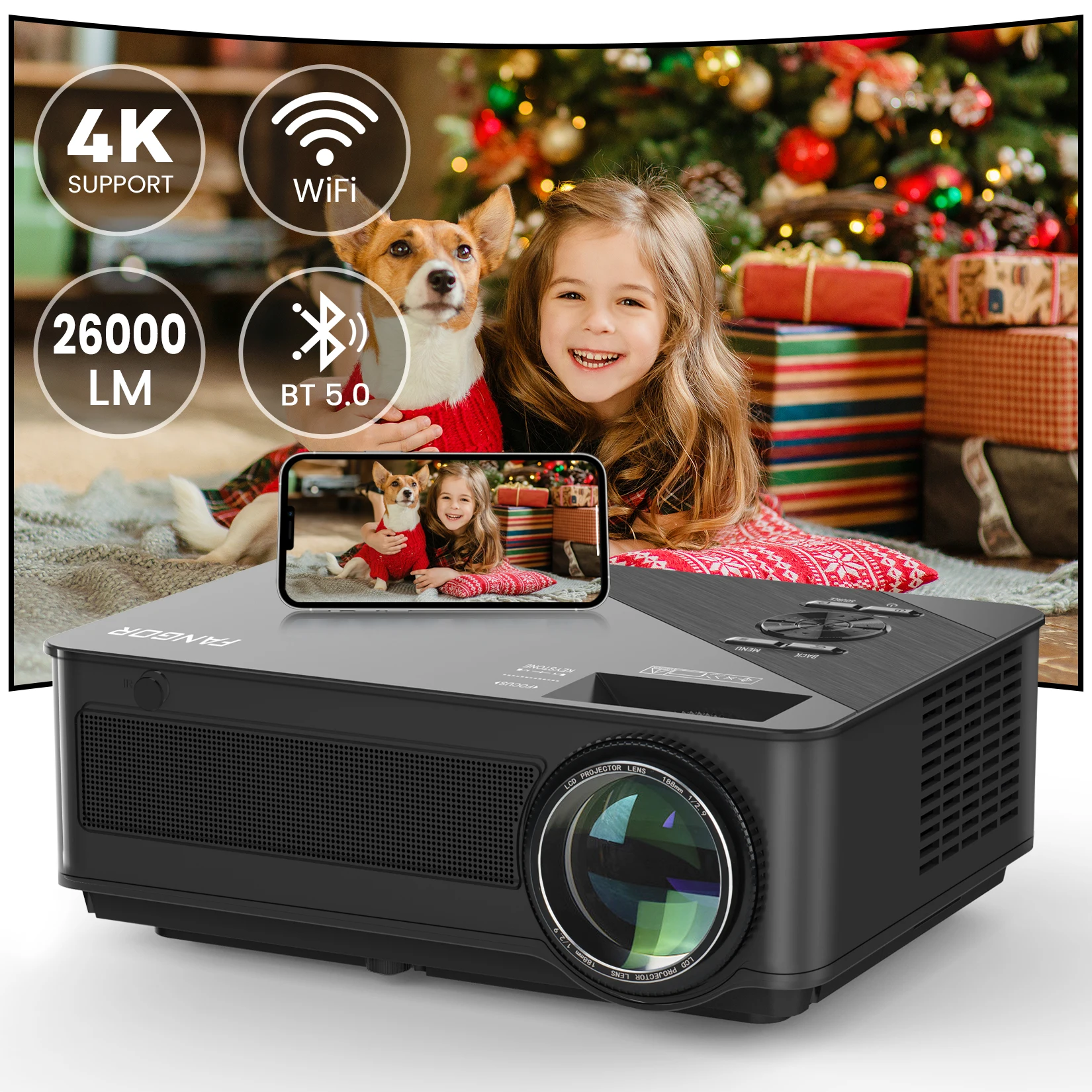 

FANGOR 26000 Lumens Support 4K Projector with Screen Outdoor Full HD 1080P Native Video Dolby Audio Home Theater Beamer USB HDMI