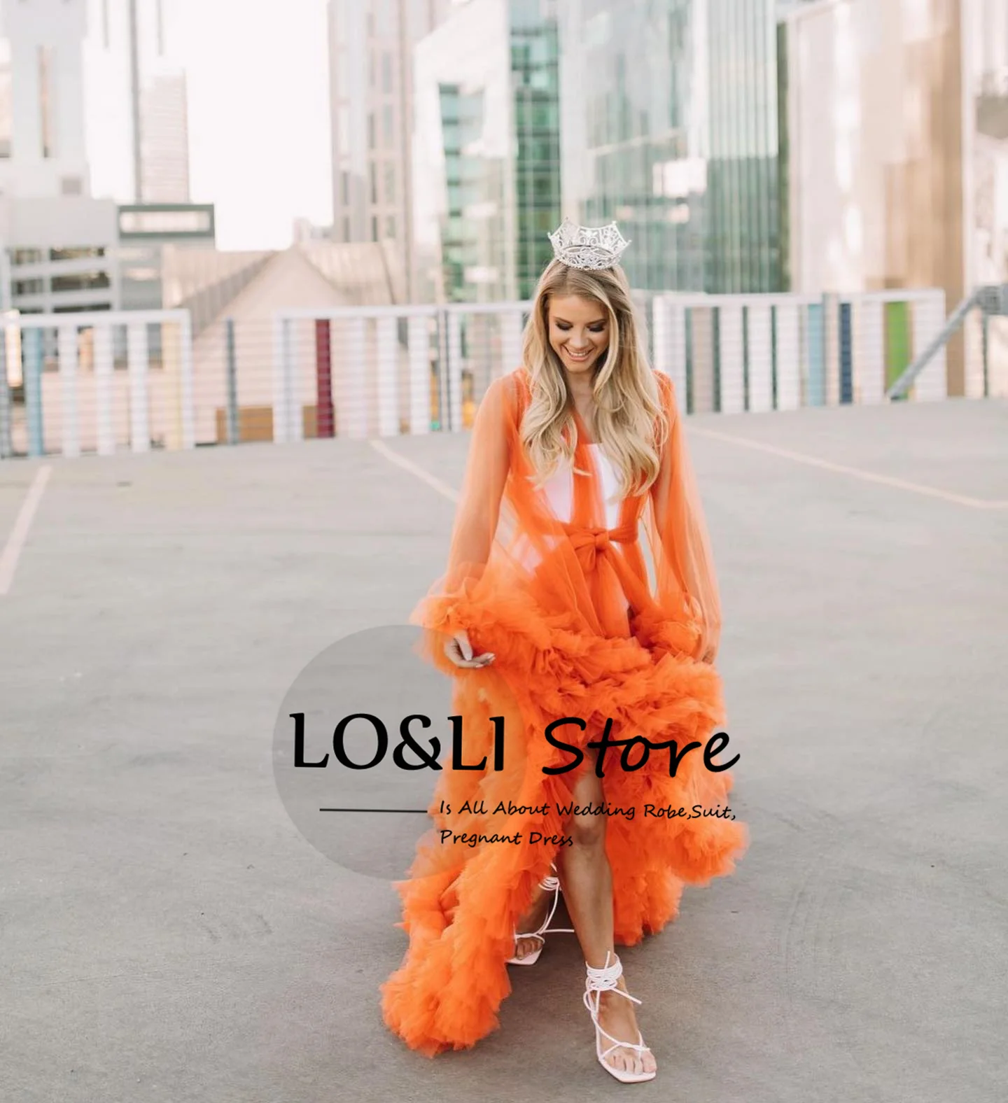 Hot Orange Puffy Tulle Bathrobe For Women Long Ruffles Dress Birthday Party Photoshoot Princess Vestido Maternity Bride Robe