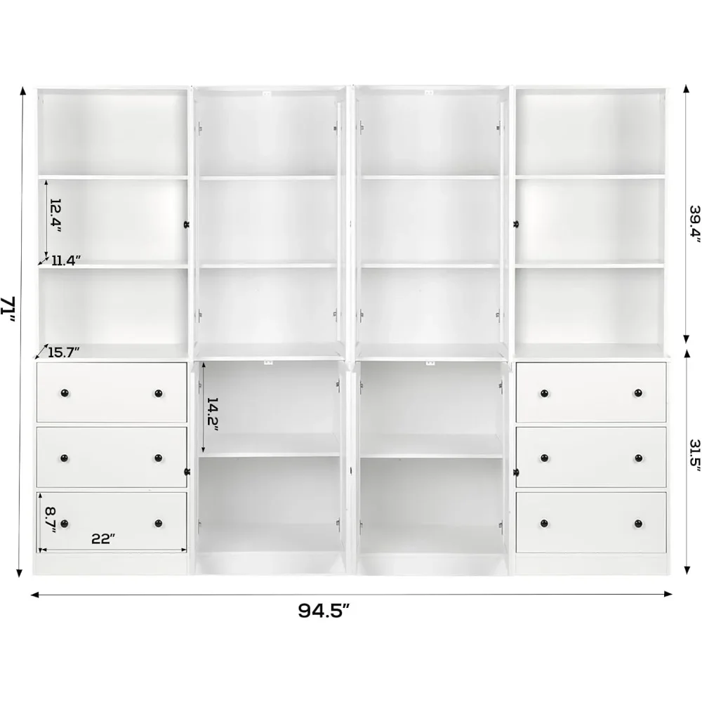 Vertical File Cabinet, 3-Tier Modern Bookshelf with 3 Large Drawer, Wood Filing Cabinet with Open Storage Shelf, Glass Doors