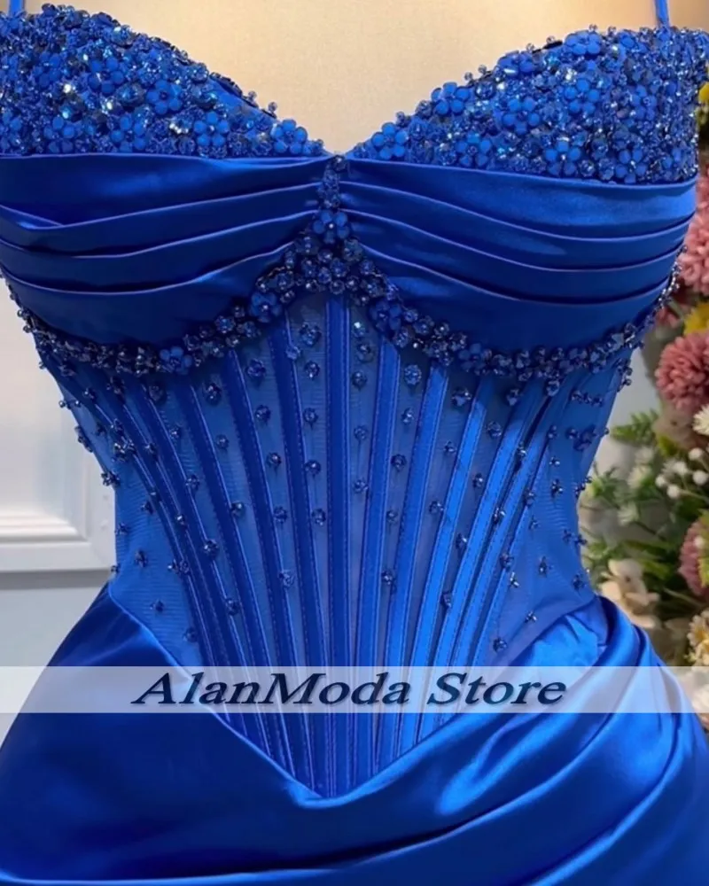 Customized Royal Blue Evening Dresses Beading Spaghetti Straps Mermaid Prom Dress Formal Occasion Women Split Party Gowns