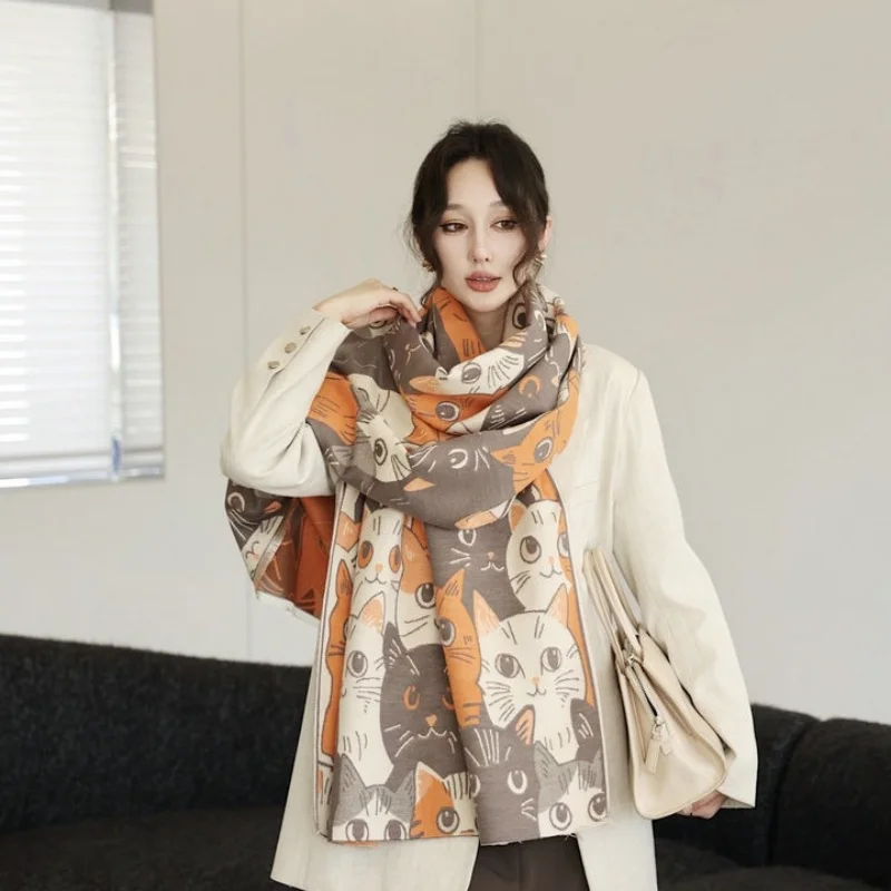 

Cute Big-eyed Cat Winter Scarf Cashmere Women Pashmina Design Wrap Female Thick Blanket Soft Bufanda warmth Shawl Kerchief