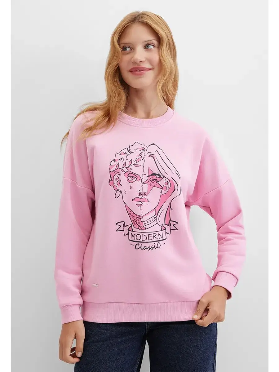 Urocze bluzy w stylu francuskim z różowym nadrukiem, eleganckie damskie bluzy streetwearowe z okrągłym dekoltem, oversize, modne jesienne bluzy z długim rękawem.