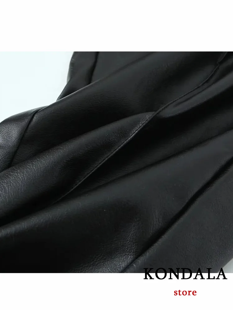 KONDALA Vintage Solid Women Leather Suit Black Single Button Pockets Jackets Straight Long Zipper Pants Fashion 2023 Autumn Sets