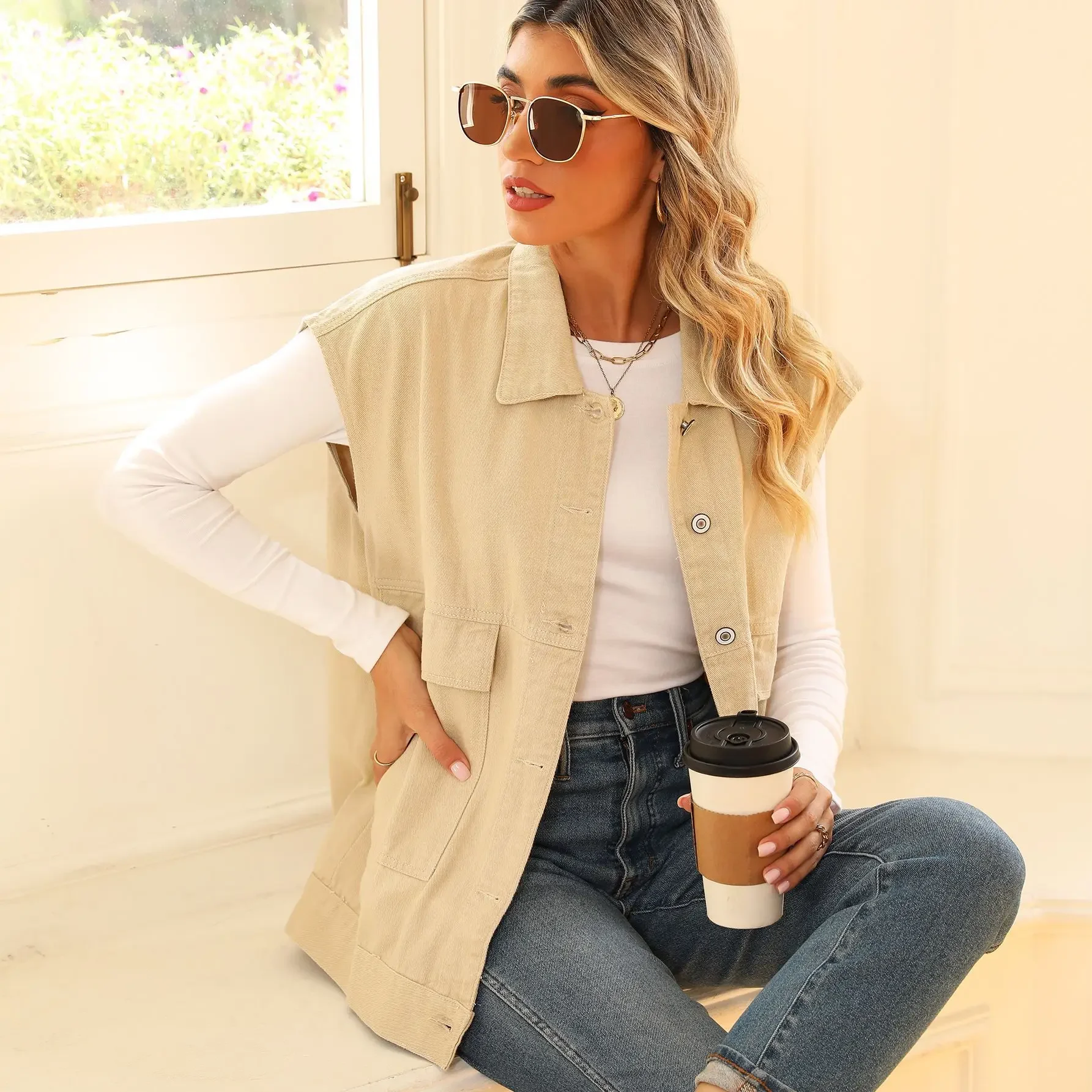 Women Clothing Vests Turn Down Collar Denim Coats Single Breasted Cardigan Solid Washed Streetwear Loose Button Spliced