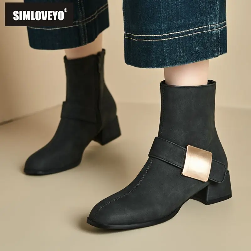 

SIMLOVEYO 2025 г., женские модные туфли до щиколотки с круглым носком, блочные каблуки, 4 см, металлические зимние туфли на молнии, большой размер 46 47 48, повседневная обувь Bota