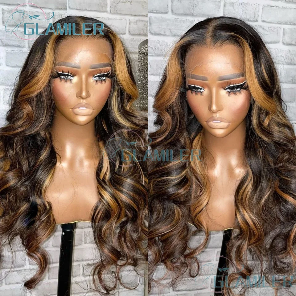 

1b/30 Colored Highlight Human Hair Body Wave Silk Top Lace Front Wig For Women Brazilian Pre Plucked 13x4 Transparent Hair Wigs