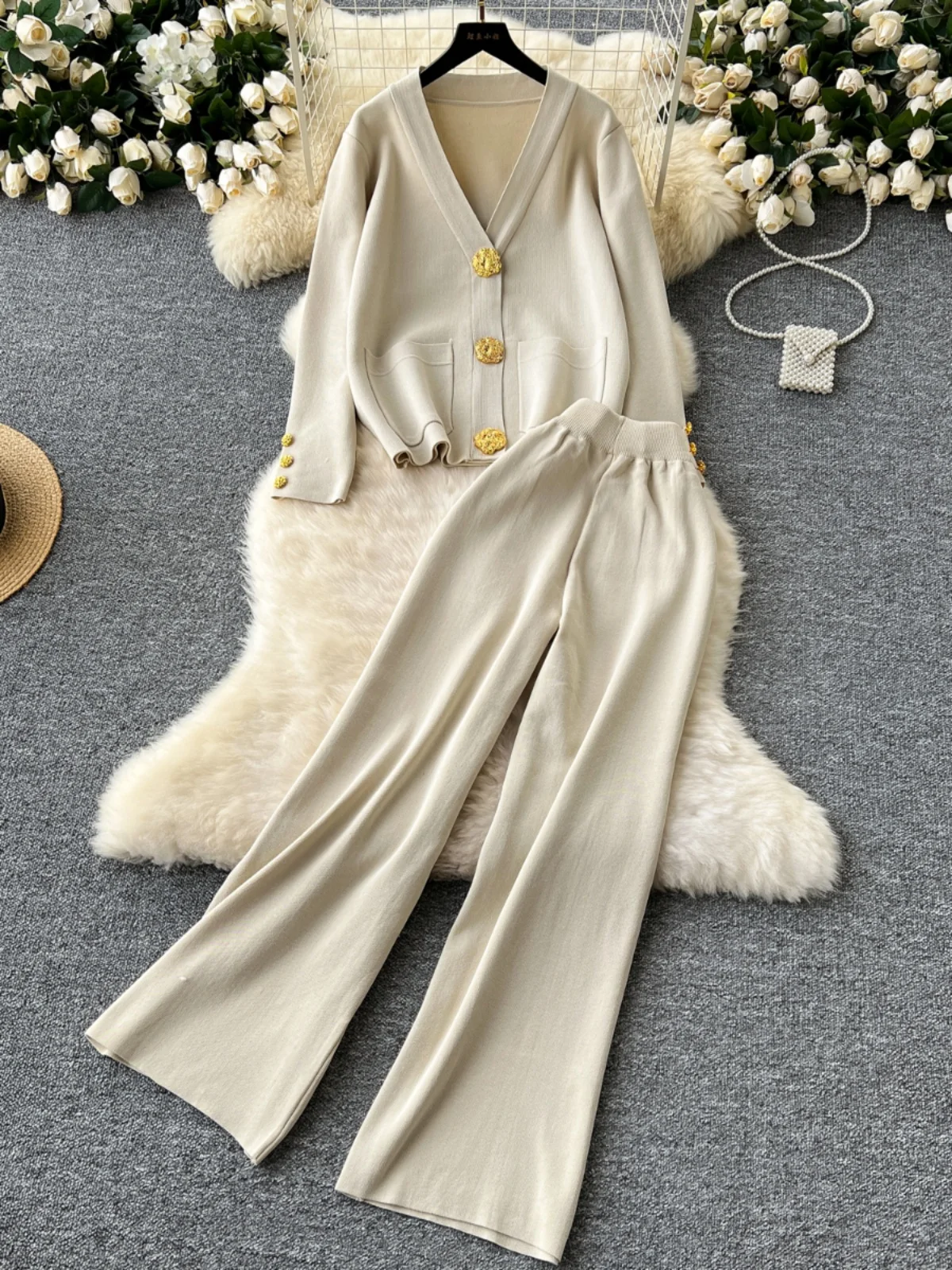 Elegant Women Long Pant Suits Autumn Winter All-Match Gold Buttons Knitted Cardigan+Solid Color Wide Leg Pant 2Pcs Set