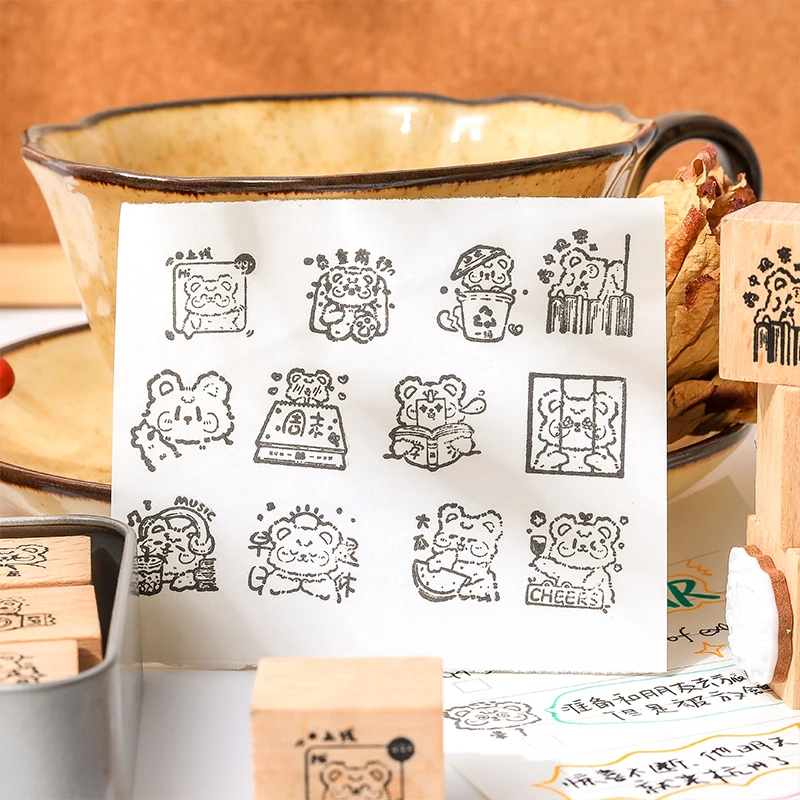 Journal GO 12pcs/set Cute Bear Wood Stamp Set for Card Making Scrapbooking Journals And Crafts Kawaii Bear Standard Stamp
