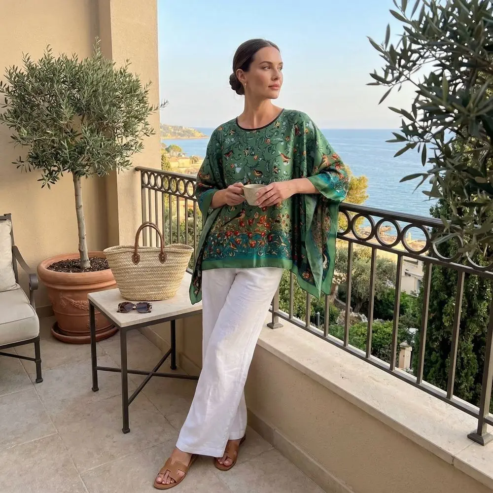 

Свободный пончо-шарф с принтом, тонкий, из имитации шелка, удобный, с защитой от солнца, полиэстер, универсальный