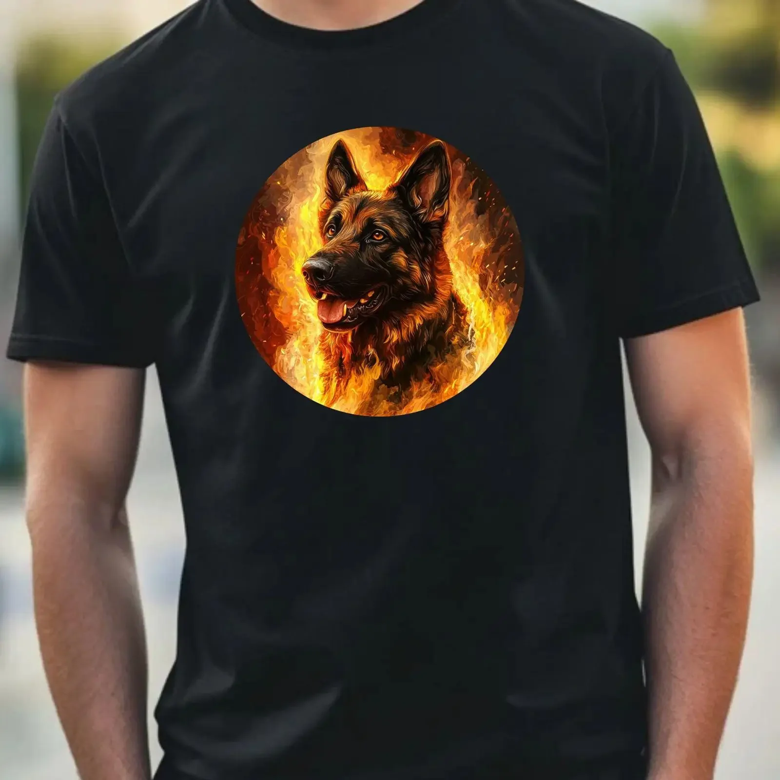 German Shepherd in Flames Men amp 39 s T Shirt High quality printed leisure with unique motif many sizes to 5XL vintage Washed
