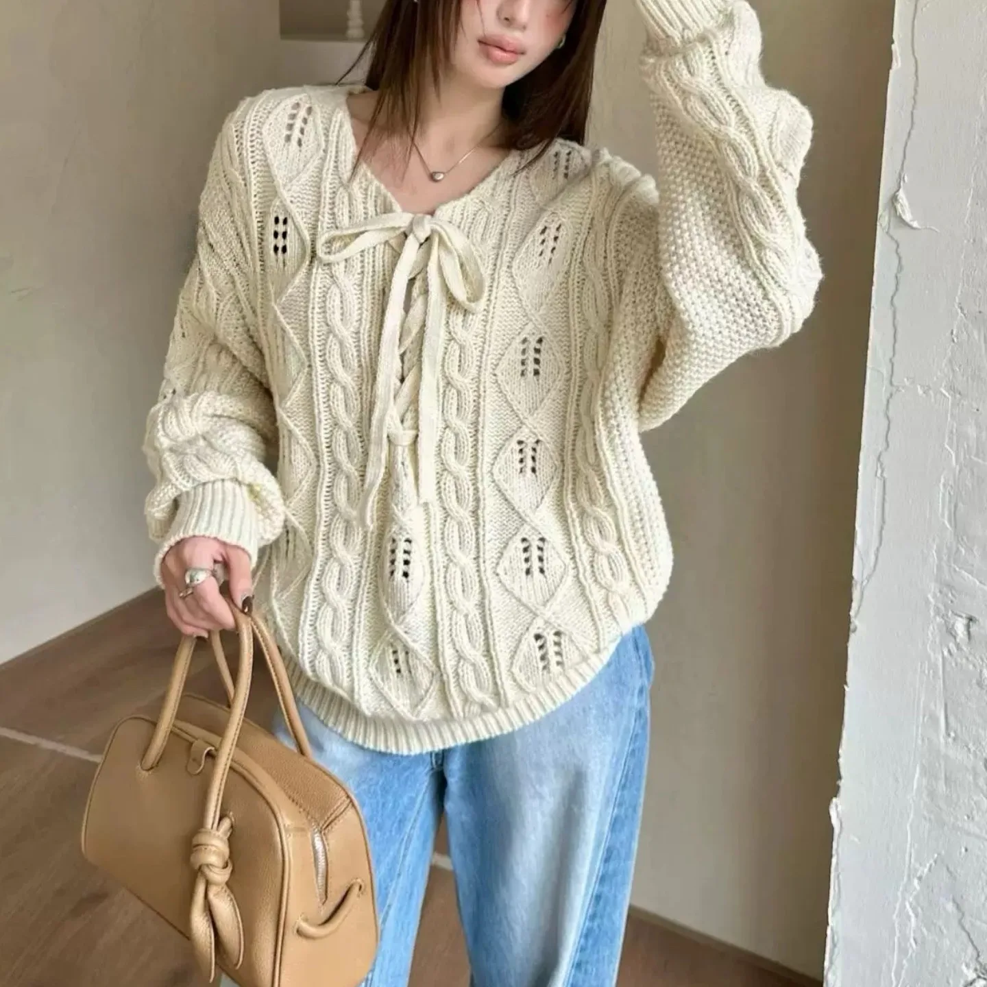 

Женский свободный длинный трикотаж све, осенне-зимний модный простой повседневный утягивающий топ с завязками, корейский Sle, Новое поступление