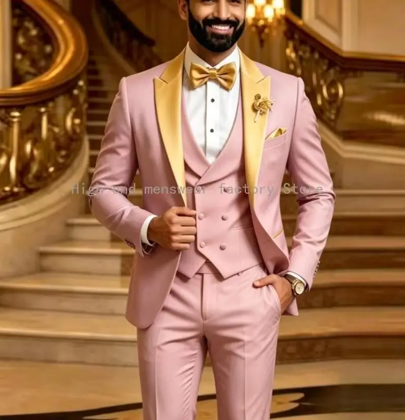 Elegant Formal Men Suits Gold Peak Lapel Wedding Party Groom Groomsman Prom Business Male Tuxedos 3 Piece Set Jacket Vest Pants