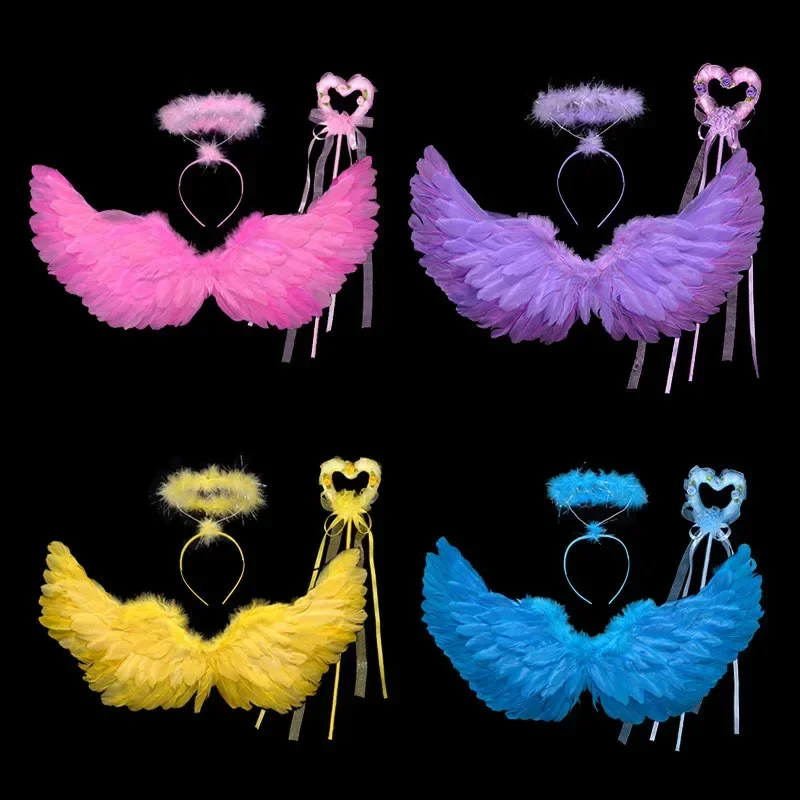 Diadema con alas de plumas de Ángel para mujer y niña, accesorios para la cabeza, falda con varita mágica, vestido elegante, regalo de fiesta de cumpleaños y boda, Navidad