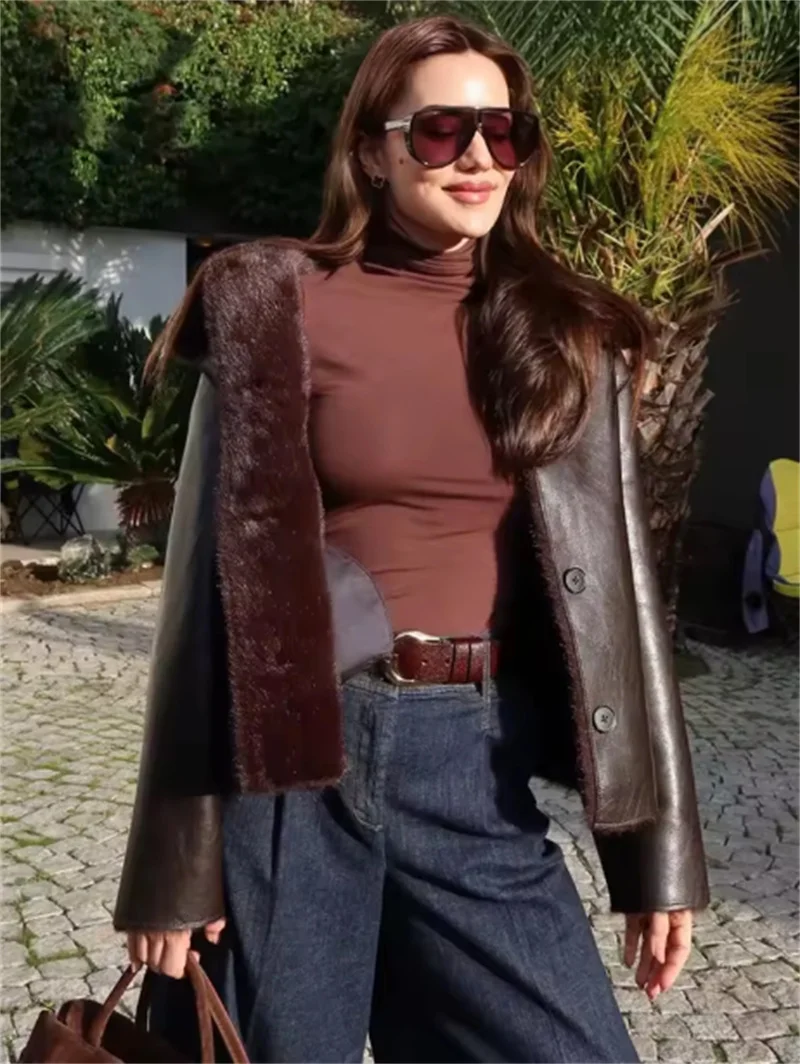 Guobioziy Women's Jacket 2026 Winter New Style Elegant and High-End Loose Faux Leather and Shearling Double-Sided Wear Jacket