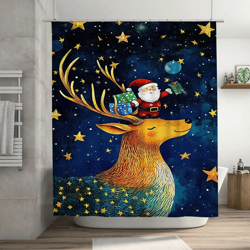 

Tuniu Festive Reindeer Christmas Shower Curtain Cute Holiday Forest Animals Bathroom Decor Set Waterproof Modern Farmhouse Style