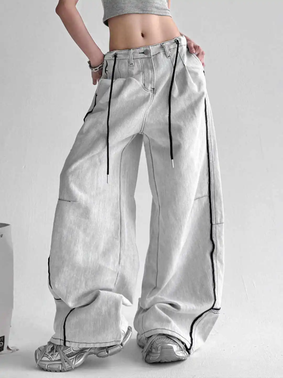 

Женские серые мешковатые джинсы-бойфренды Y2k в японском стиле 2000-х годов, широкие джинсовые брюки, винтажные лоскутные джинсовые брюки в стиле Харадзюку, одежда