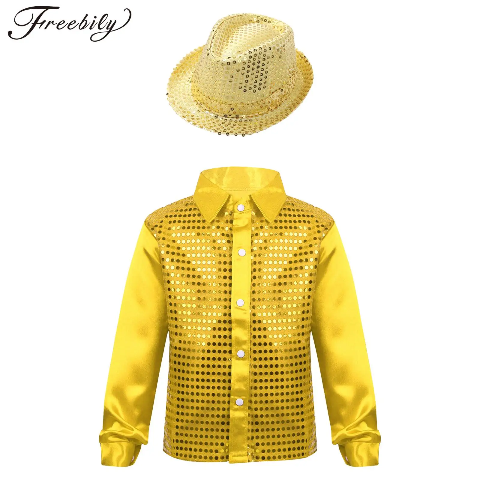 Kids Boys Jazz Tap Dance Stage Performance Clothes Dancewear Long Sleeve Shiny Sequin Shirt Theme Party Prom Cosplay Costume