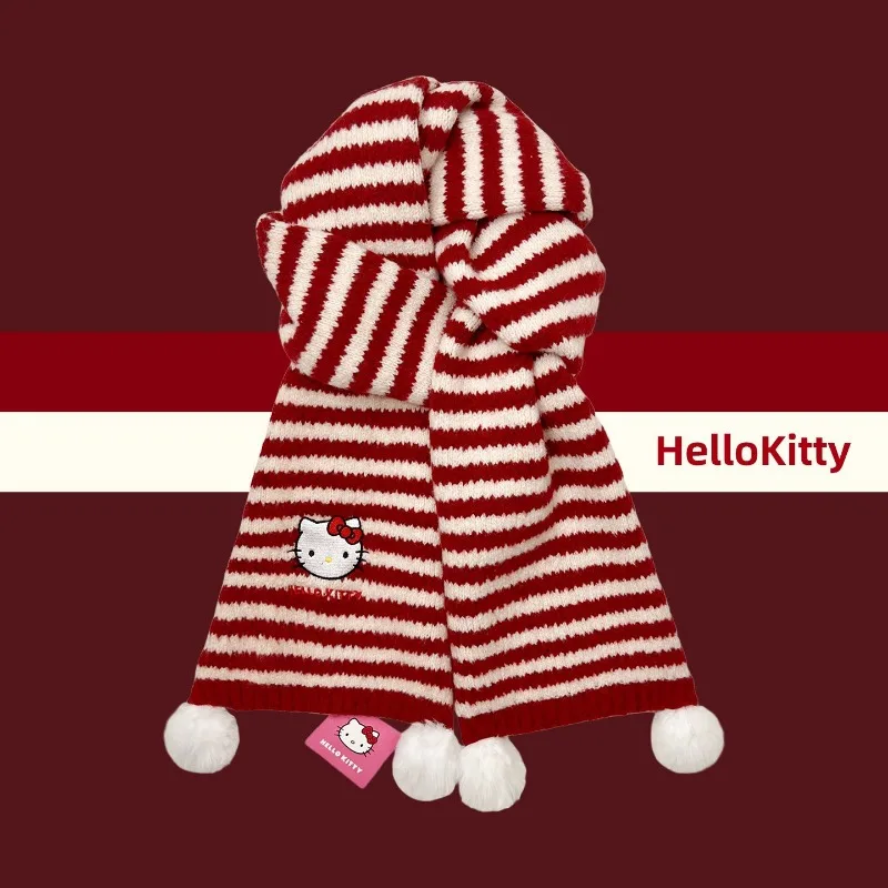 

Sanrio Hello Kitty Striped Knit Scarf–Winter Warm Accessory with Cute Cartoon ,Kawaii Girlish Style for Students’ Daily Commute
