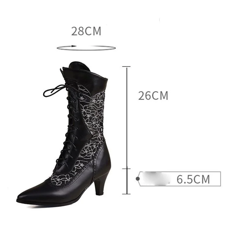 

ORCHA LISA Women's Mid Calf Boots Pointed Toe 6.5cm Block Heel Lace Up Breathable Mesh Flower Splice Big Size 47-48 Summer