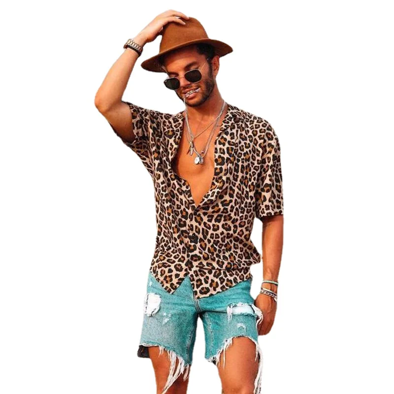 New Leopard Print Men\'s Shirts Tops Summer Short Sleeve Turn-down Collar Single Breasted Hawaiian Shirt Mens Camisas