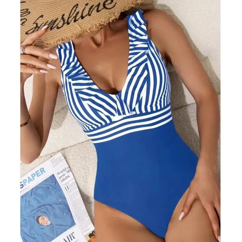 

2024 Sexy Striped One Piece Swimsuit Women Ruffled Swimwear Beachwear Thong Monokini Bathing Suit Mujer Female Maillot De Bain