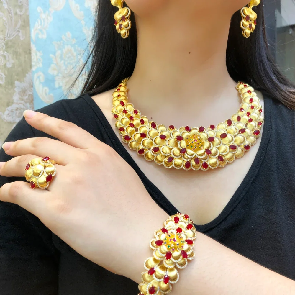 

Jimbora Luxury Red Green Necklace Bracelet Earrings Ring Jewelry Sets For Africa Dubai Women Wedding Bridal Jewelry Set