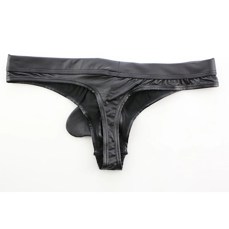 

Sexy Faux Leather Thongs for Men, Low Rise Briefs, Open Pouch Bag Underwear, Black Color, Unleash Your Inner Desires