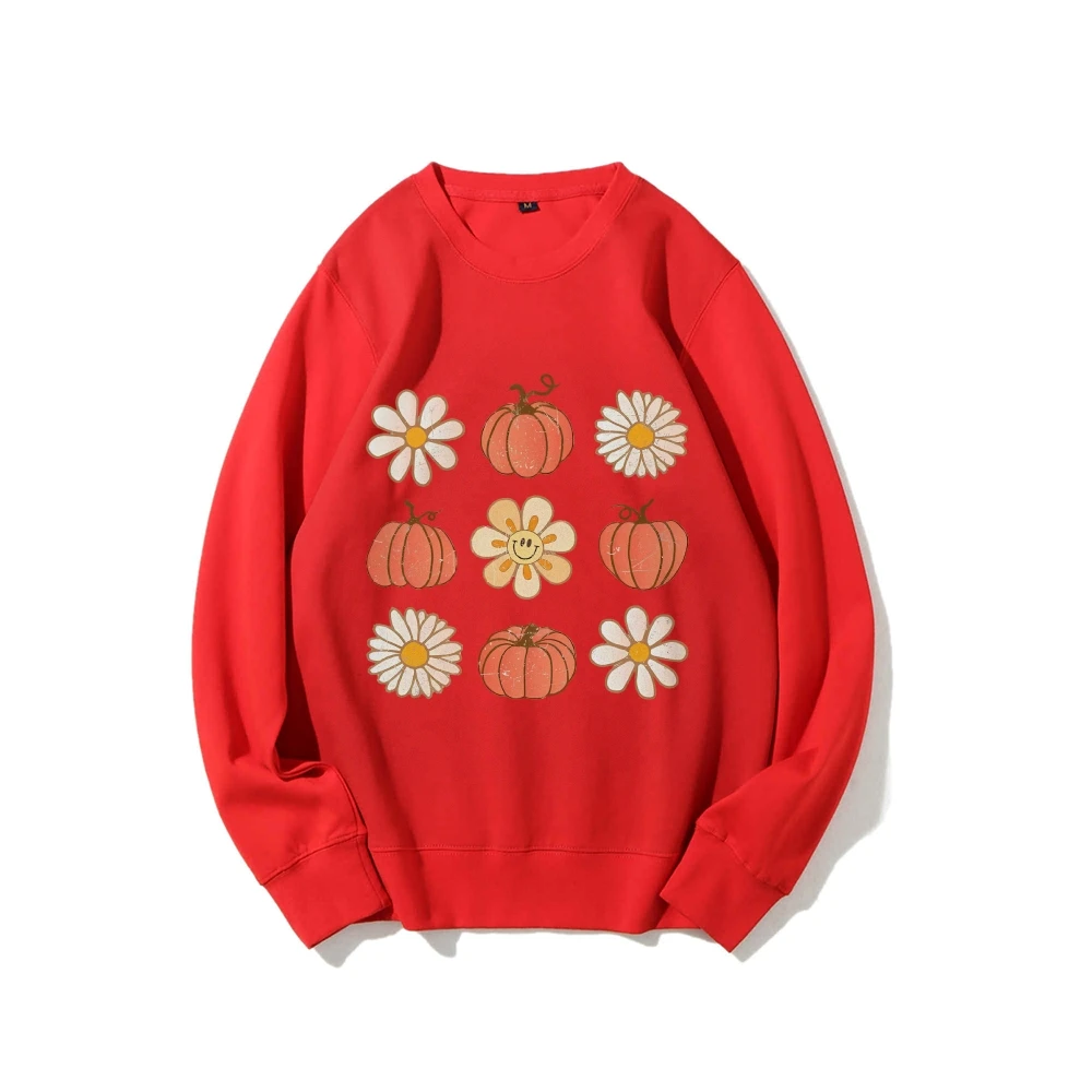 Casualowy luźny sweter z wycięciem pod szyją bez kapelusza Dynia Kwiat Nadruk Halloween Styl Czysta bawełna Wysokiej jakości modna nowa bluza