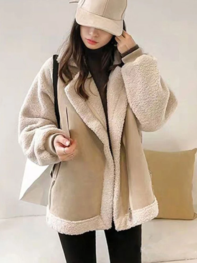 

FSTDCY Fashion Lamb Wool Sheepskin Faux Suede Lapel Zipper Coat Loose Thick Plush Warm Long Sleeve Jacket High Street Outerwear
