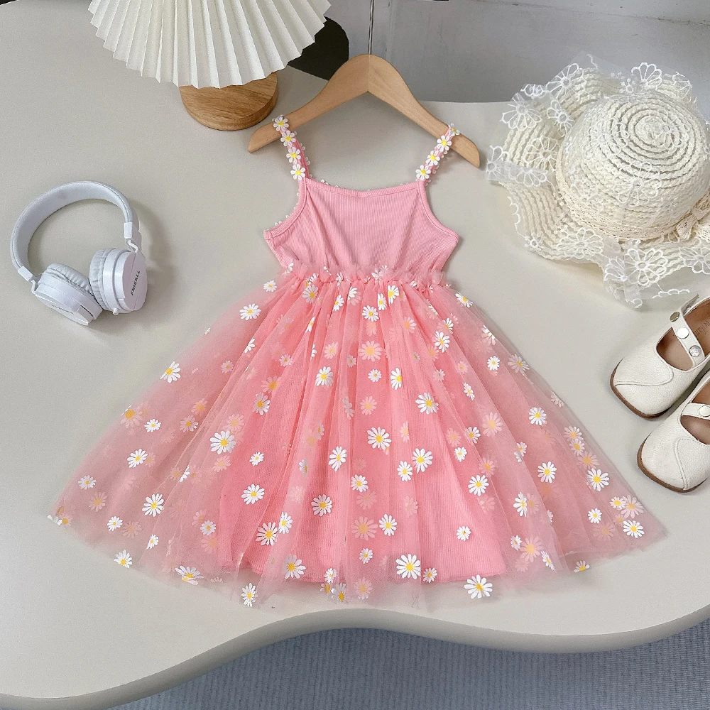 Summer Pink Cute And Cool Halter Dress Small Daisy Flower Mesh Puffy Princess Dress Children's Clothing