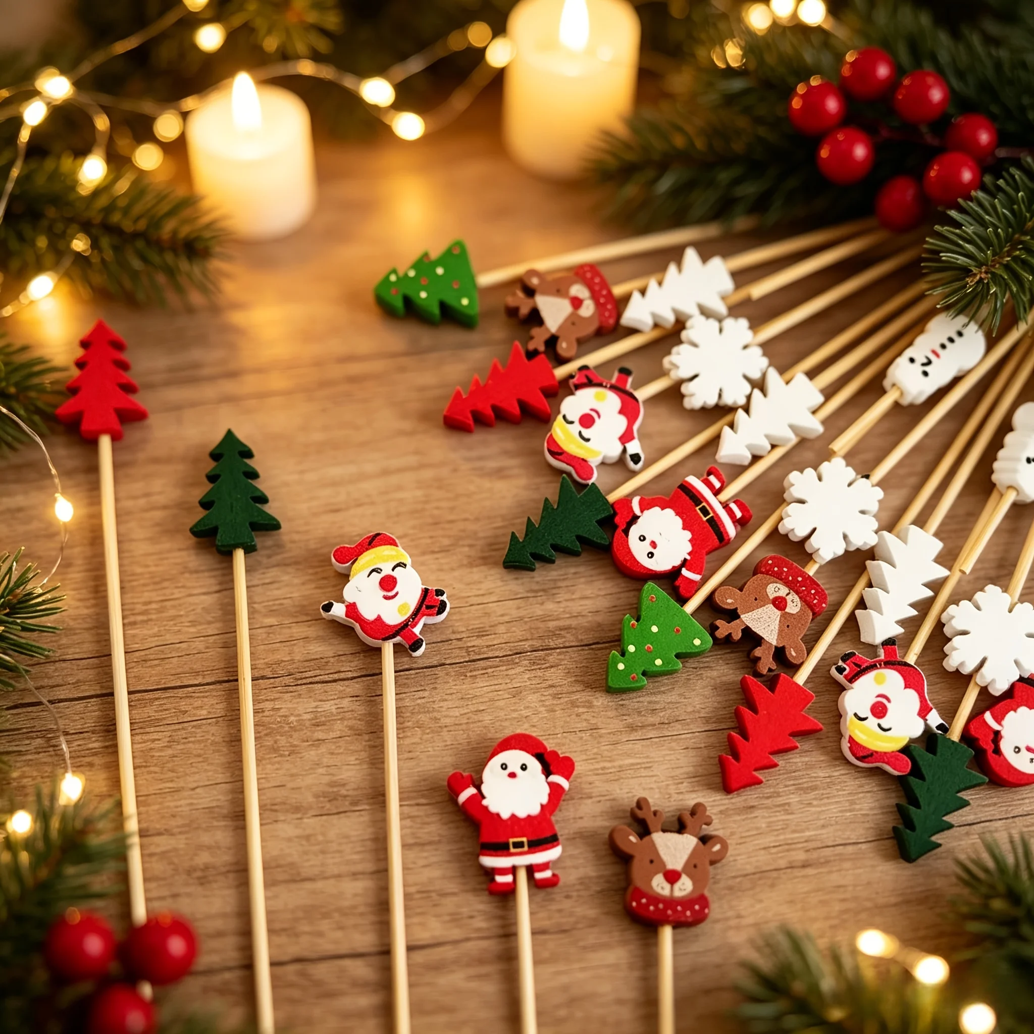 49Pcs Christmas Themed Cupcake Toppers, Bamboo Cocktail Picks, Fancy Appetizer Toothpicks, Fruit Skewers for Wedding, Bar Decor,