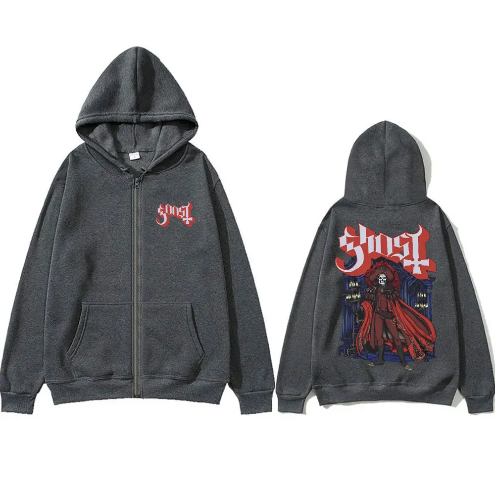 Ghost Band Zipper Hoodie Men's Fleece Cotton Oversized Zip Up Hoodies Men Women Vintage Gothic Rock Metal Music Zip Up Jacket