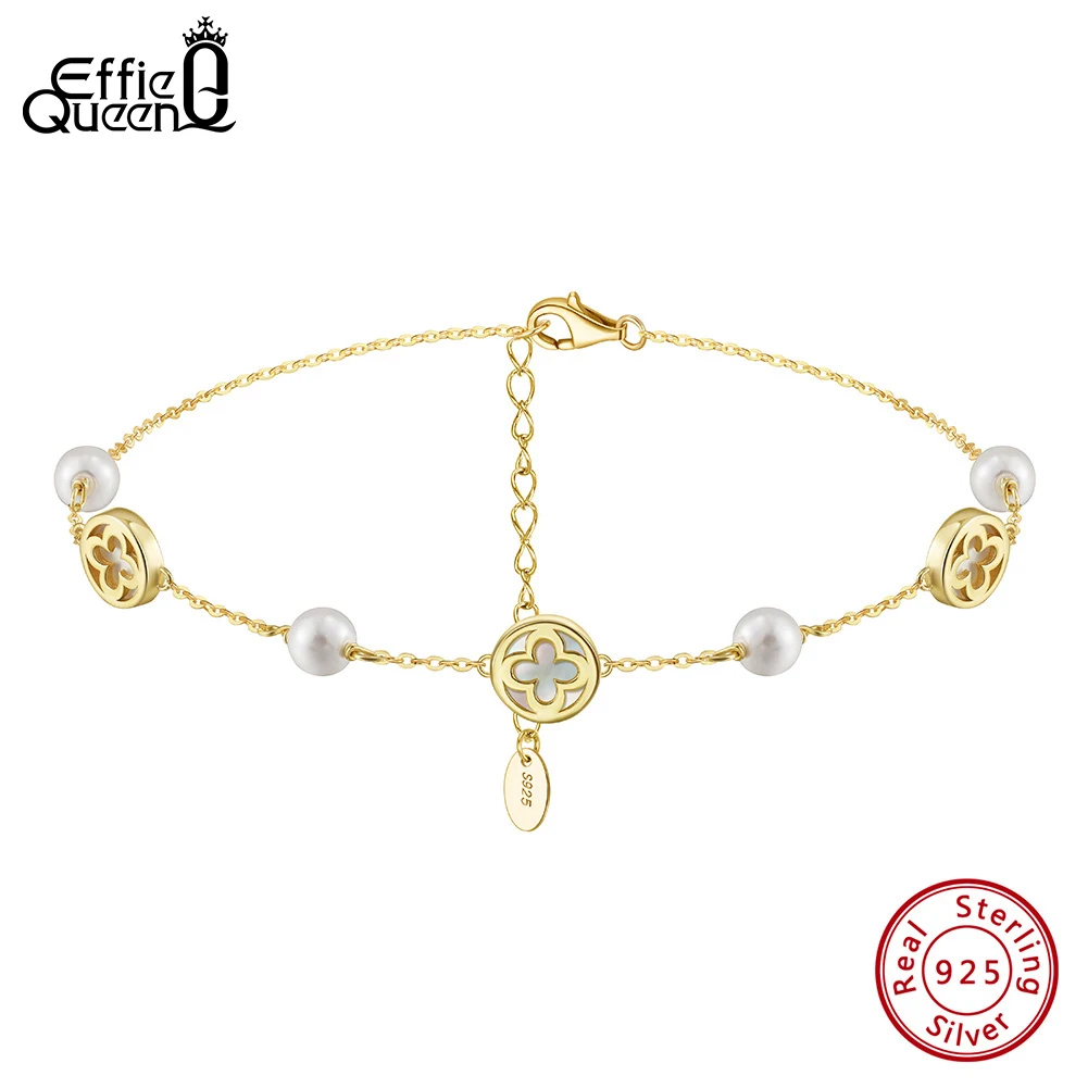 

Effie Queen Elegant Shell Four-Leaf Clover Anklet S925 Silver Exquisite Lucky Floral Summer Beach Hoilday Jewelry Gift GMA06