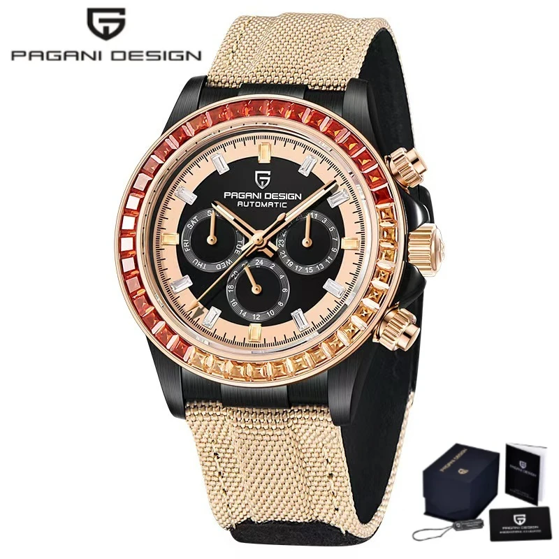 PAGANI DESIGN Multi-Function Men Mechanical Chronograph Watch Rainbow Bezel Sapphire Glass Casual Watch