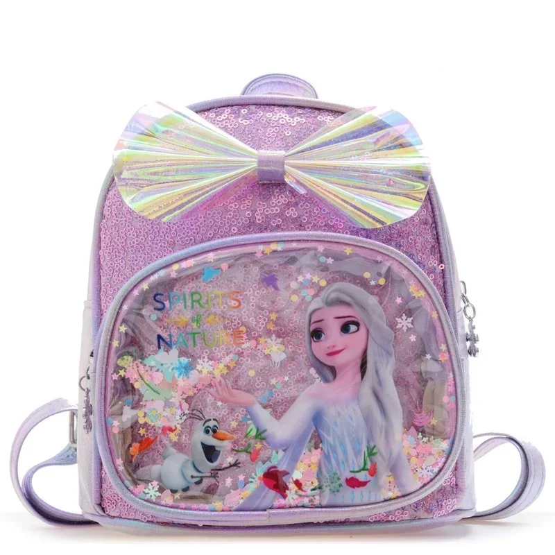 Disney cekiny mrożone Elsa Anna plecak moda brokat tornister dziewczyny Kawaii PU skórzany plecak podróżny świąteczne prezenty